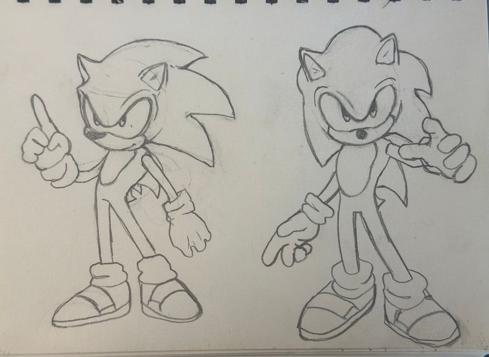 two drawings of Sonic on sketchbook paper