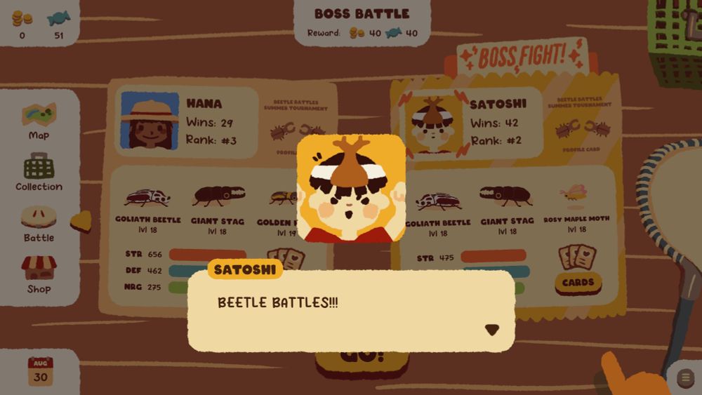 Extract from Kabuto Park Game : boy named Satoshi saying "BEETLE BATTLES!!!"