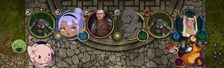The party in my Pathfinder 2e campaign, fighting against two scaly guys and a bald human. They're arranged in such a way that they're flanking each other, with one enemy followed by one party member. The Druid's leshy familiar, the Runesmith's animal companion, and the party's goblin wizard watch from one row down.