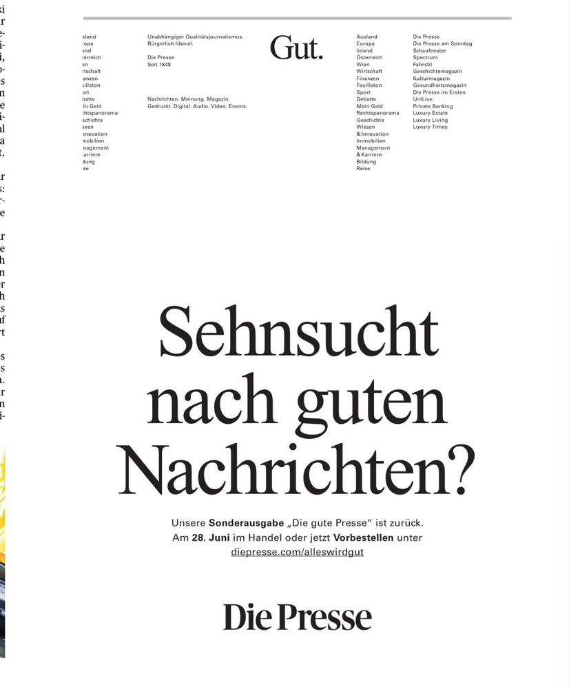 Ankündigung für die "gute Presse" am 28. Juni. Mehr unter diepresse.com/alleswirdgut