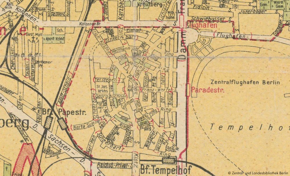 Eine Karte von Neu-Tempelhof mit Markierungen