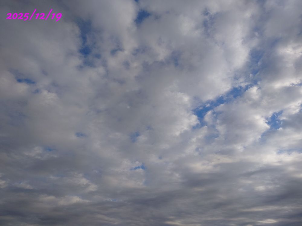 今日（2025/12/19）の朝の空。雲の隙間から青い空。寒いわぁ。