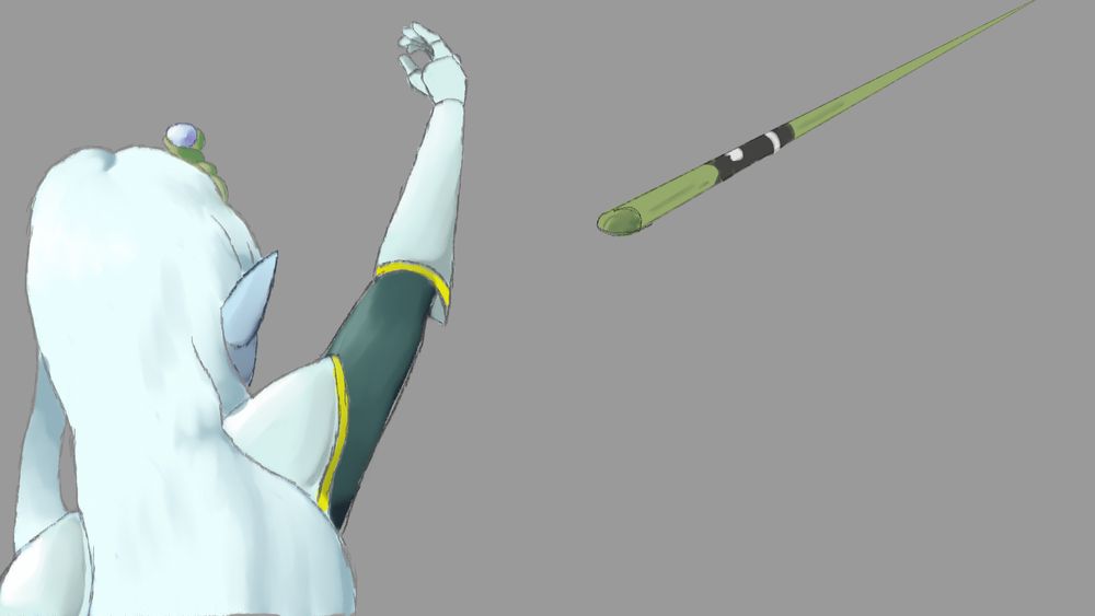 a silver-haired high elf with baby blue skin in paladin armor throwing a wooden javelin.