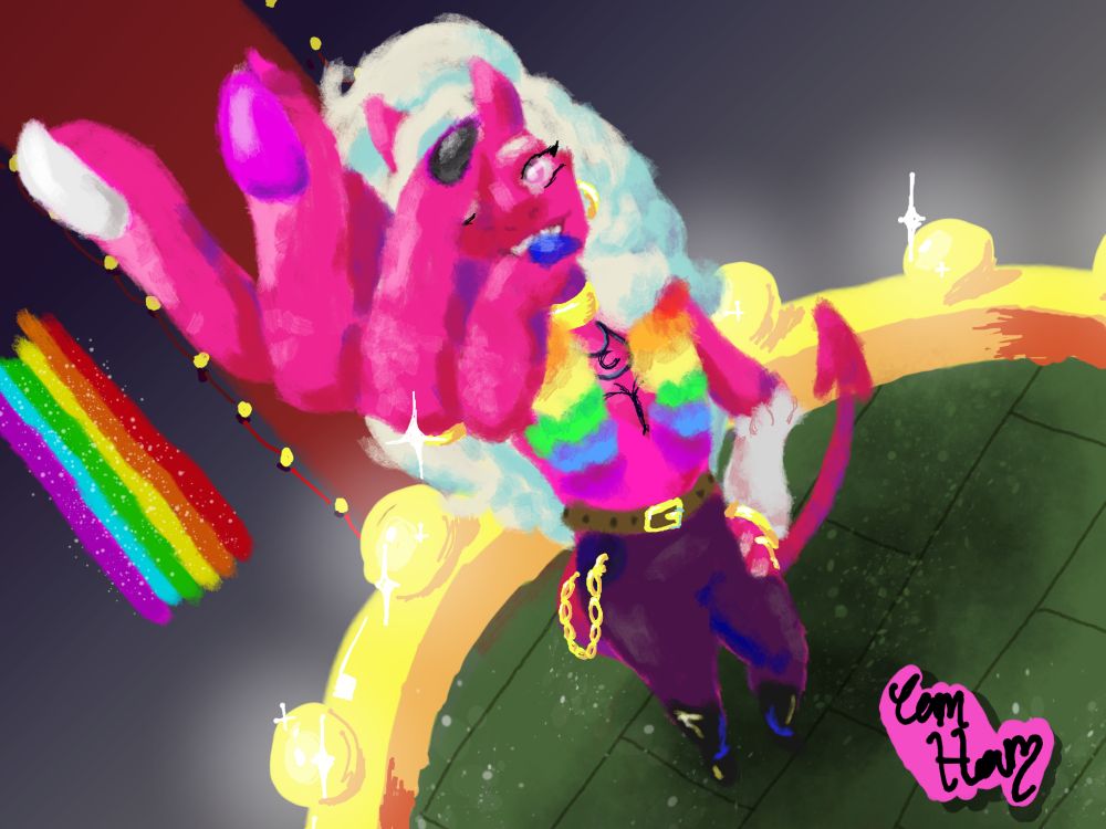 Kazer standing atop a glittering gold balcony with their hand reaching out. Below him, a red carpet is laid out along with an LGBTQ+ pride flag.