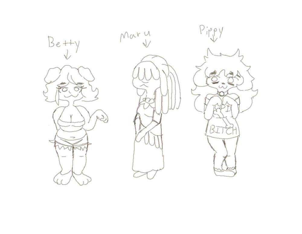 3 sketches of 3 puppygirls. A short, busty, and curvaceous puppygirl with short hair named "Betty." A, average height puppygirl with locks named "Maru." And an above average height puppygirl in an open shoulder night shirt named "Pippy."