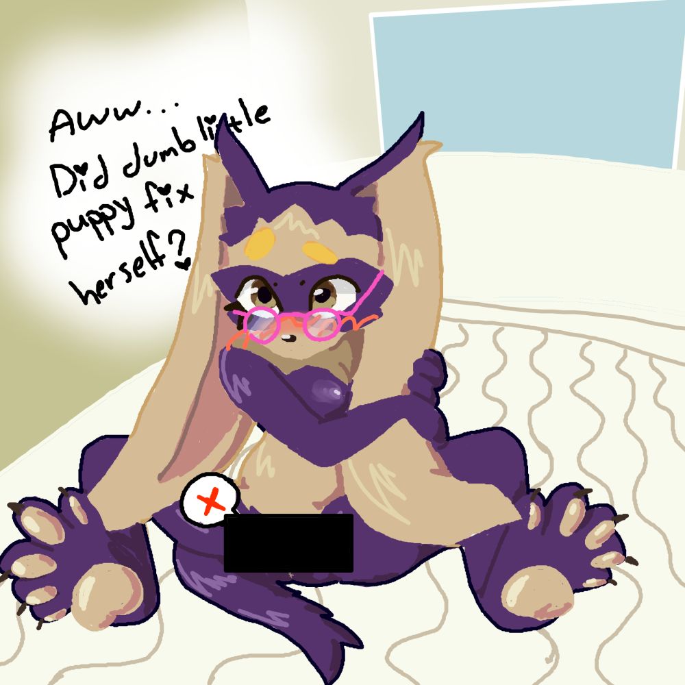 Kit sitting on a mattress with her legs spread open, and her penis censored, while she bashfully holds her big, fluffy ear with both hands. A speech bubble looms over her that reads, "Aww... Did dumb little puppy fix herself?"