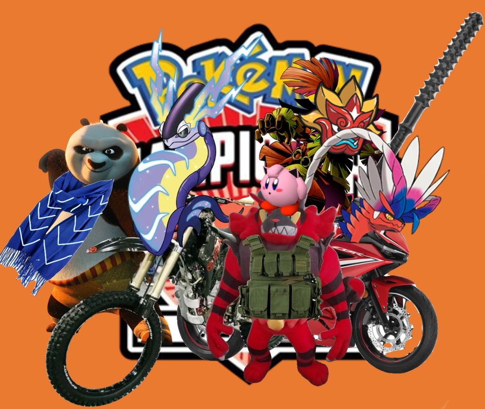 A poorly photoshopped image of a competitive Pokémon team consisting of Incineroar, Clefairy, Miraidon, Urshifu Rapid Strike, Koraidon, and Ogerpon Hearthflame.