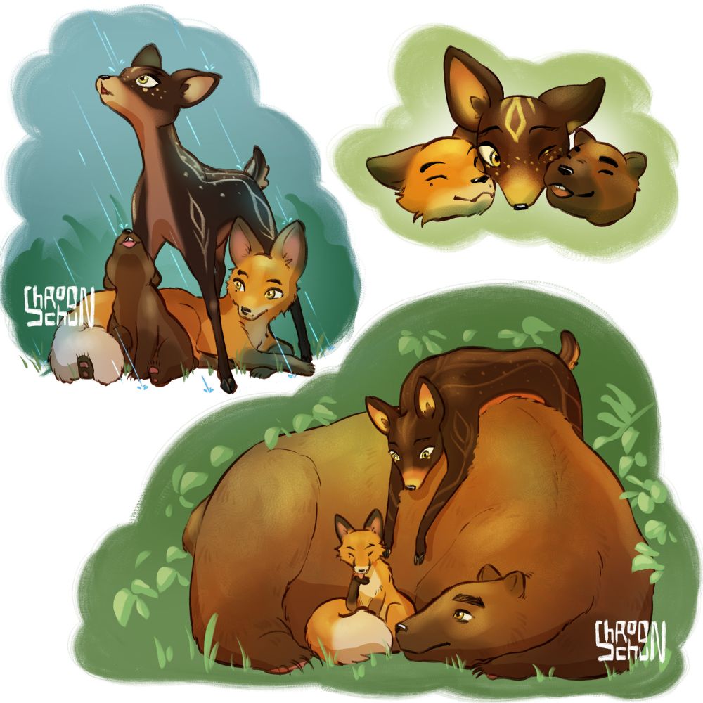 illustration of mel as a deer, viktor as a fox, and jayce as a bear. There's an image in the top left of them as baby animals where mel is standing over jayce and viktor to shield them from the rain. The bottom right has them grown up with jayce curled up around viktor, and mel is climbing on top of him. mel has stripes and spot patterns that mimic her gold markings from arcane
