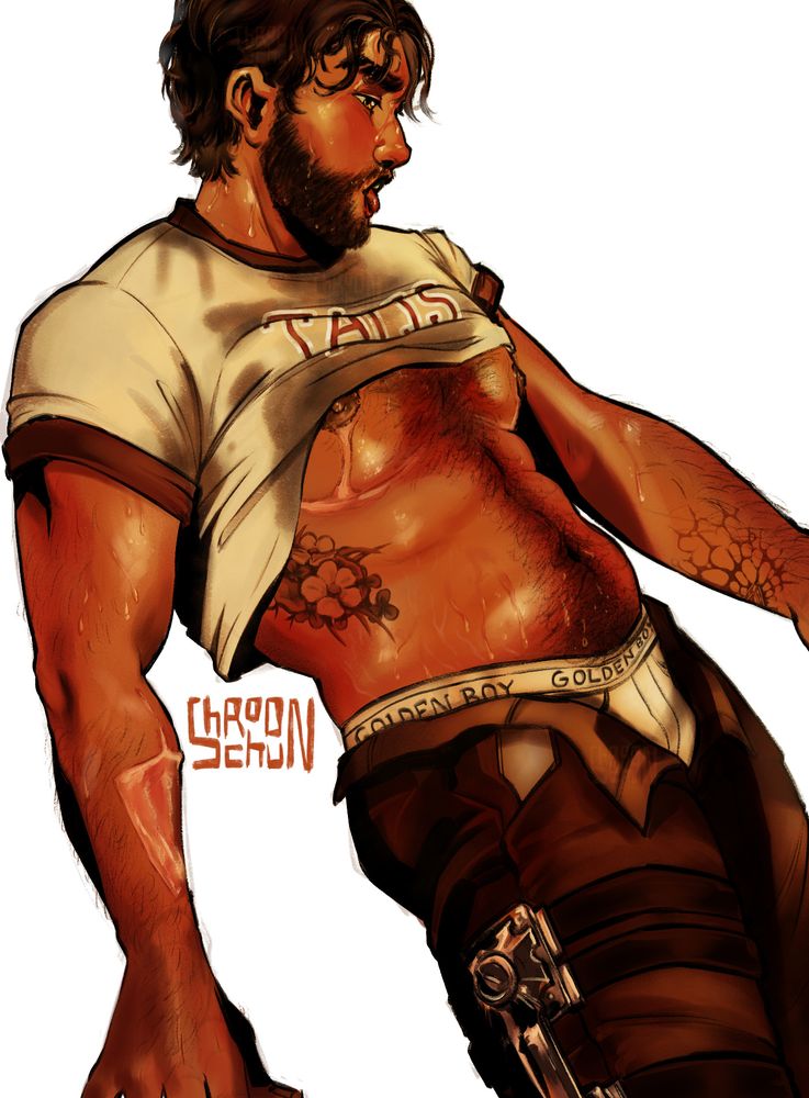 Illustration of Jayce Talis drawn with the quoted reference image. Season 2 Jayce with beard, wearing a t-shirt that says "TALIS" on it, shirt pulled up to expose chest, pants unzipped to expose underwear