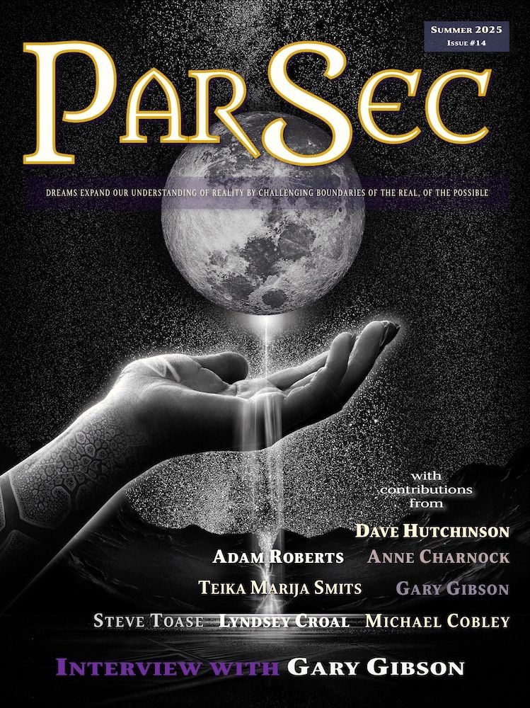The cover of ParSec 14, a monochrome picture of the moon with moondust falling from it and a hand reaching out to catch the falling dust