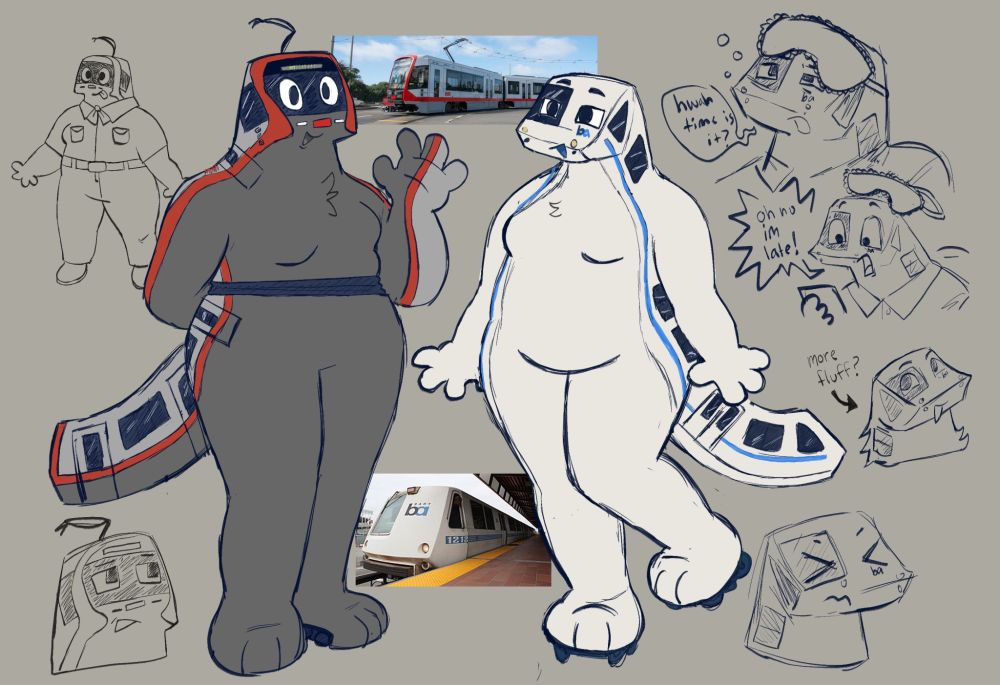 A digital illustration of anthropomorphic versions of BART and Muni Metro trains.