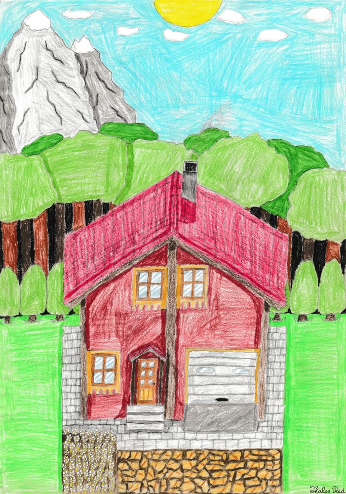 A wooden house with a garage is standing near a forest. There's a mountain range in the background with a blue sky with a few clouds.