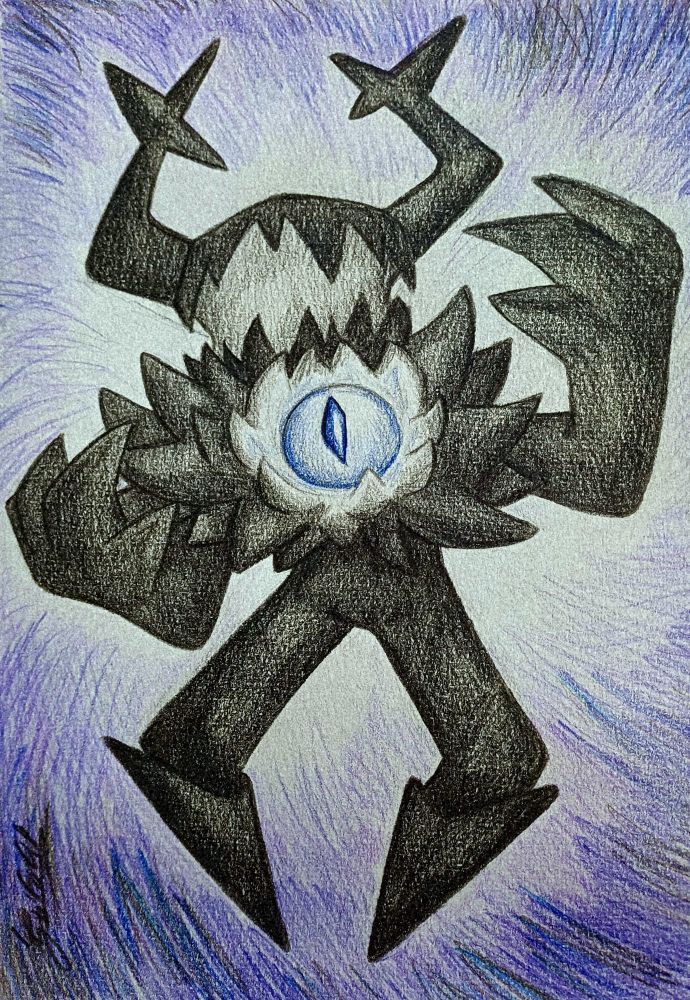 Drawing of the Roaring Knight, main antagonist of the game Deltarune- specifically about to cast out one of their attacks as their chest opens (revealing an eye) and screams