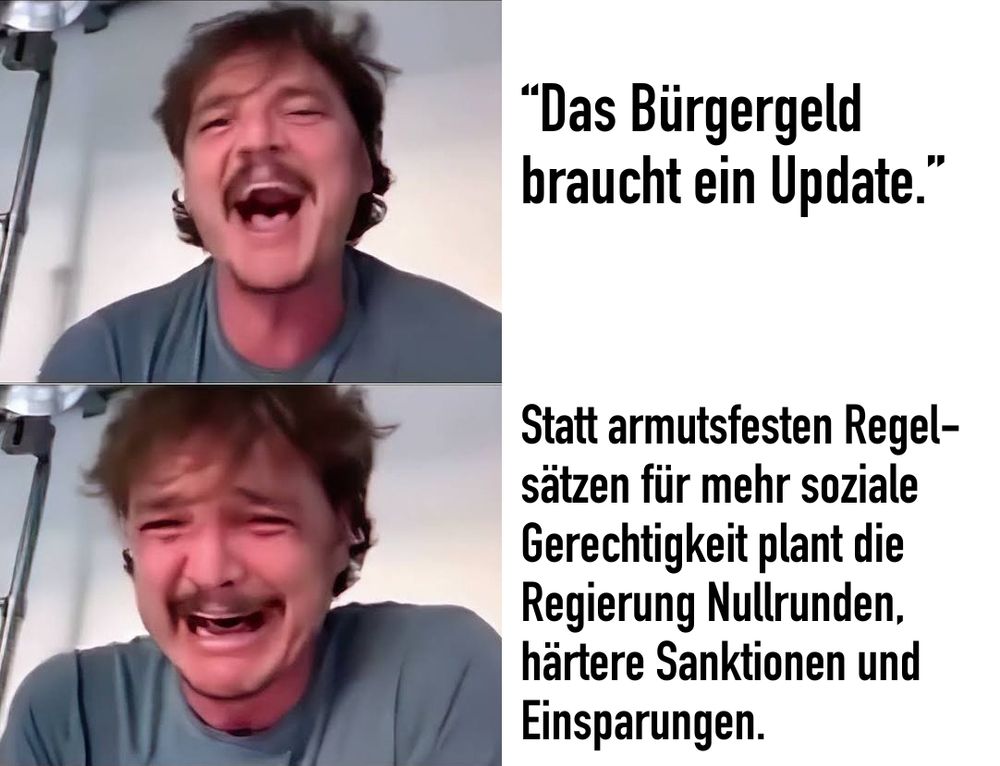 Meme mit Pedro Pascal: Neben einem lachenden Foto steht “Das Bürgergeld braucht ein Update.” Darunter ein Foto auf dem er das Gesicht zum Weinen verzogen hat mit dem Text "Statt armutsfesten Regelsätzen für mehr soziale Gerechtigkeit plant die Regierung eine weitere Nullrunde sowie Sanktionen und Einsparungen."