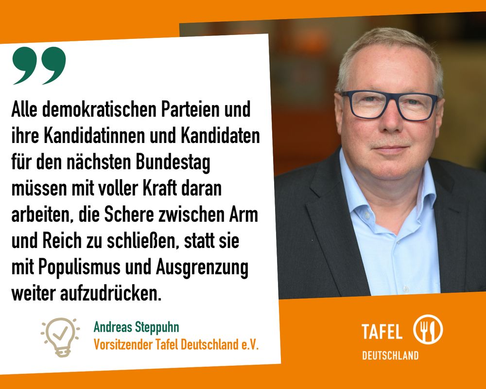Zitat von Andreas Steppuhn,Vorsitzender Tafel Deutschland e.V.: "Alle demokratischen Parteien und ihre Kandidatinnen und Kandidaten für den nächsten Bundestag müssen mit voller Kraft daran arbeiten, die Schere zwischen Arm und Reich zu schließen, statt sie mit Populismus und Ausgrenzung weiter aufzudrücken."