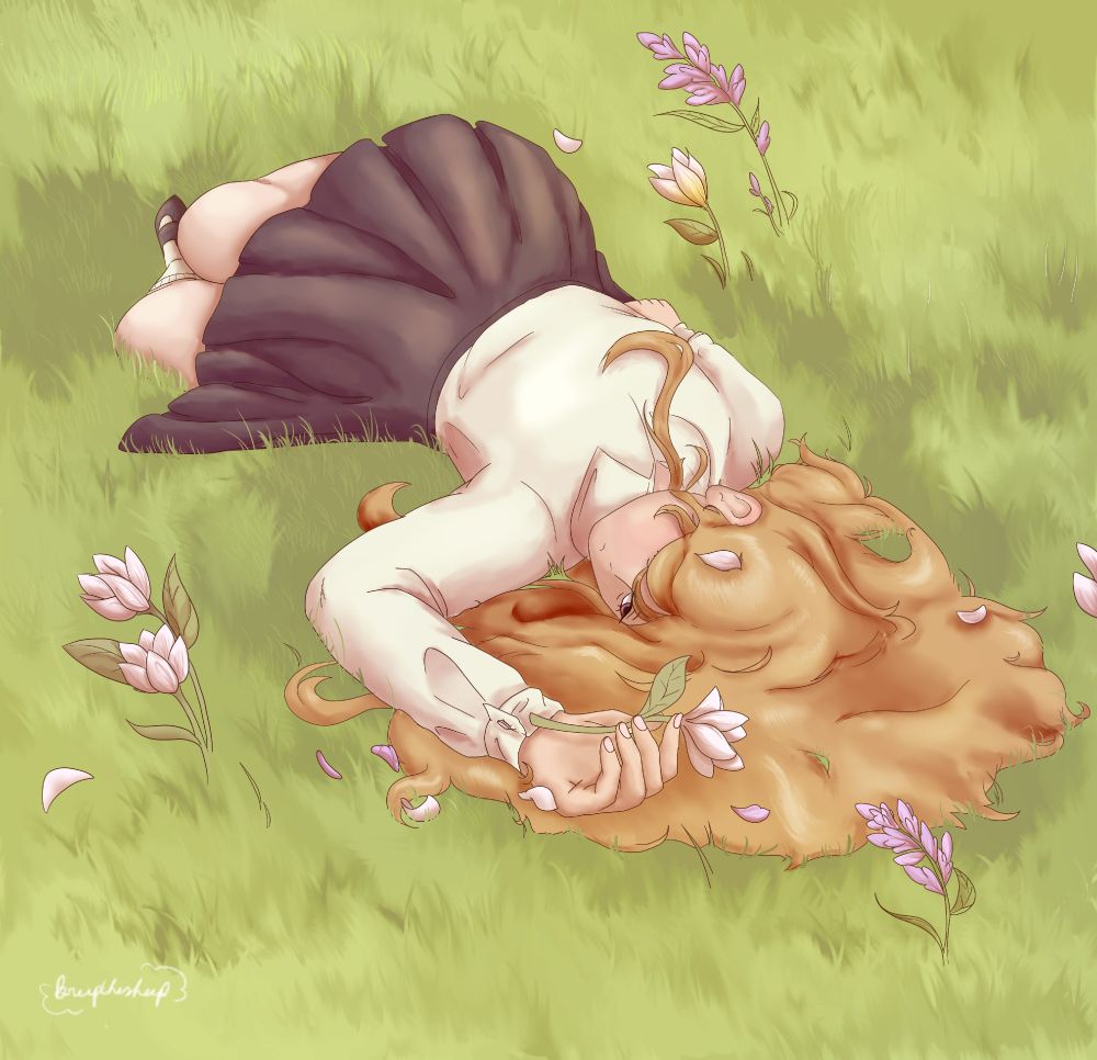 Digital drawing of a girl laying in the grass. Her hair is splayed out, and she's holding a white flower and looking at it with a tired or bored expression. 