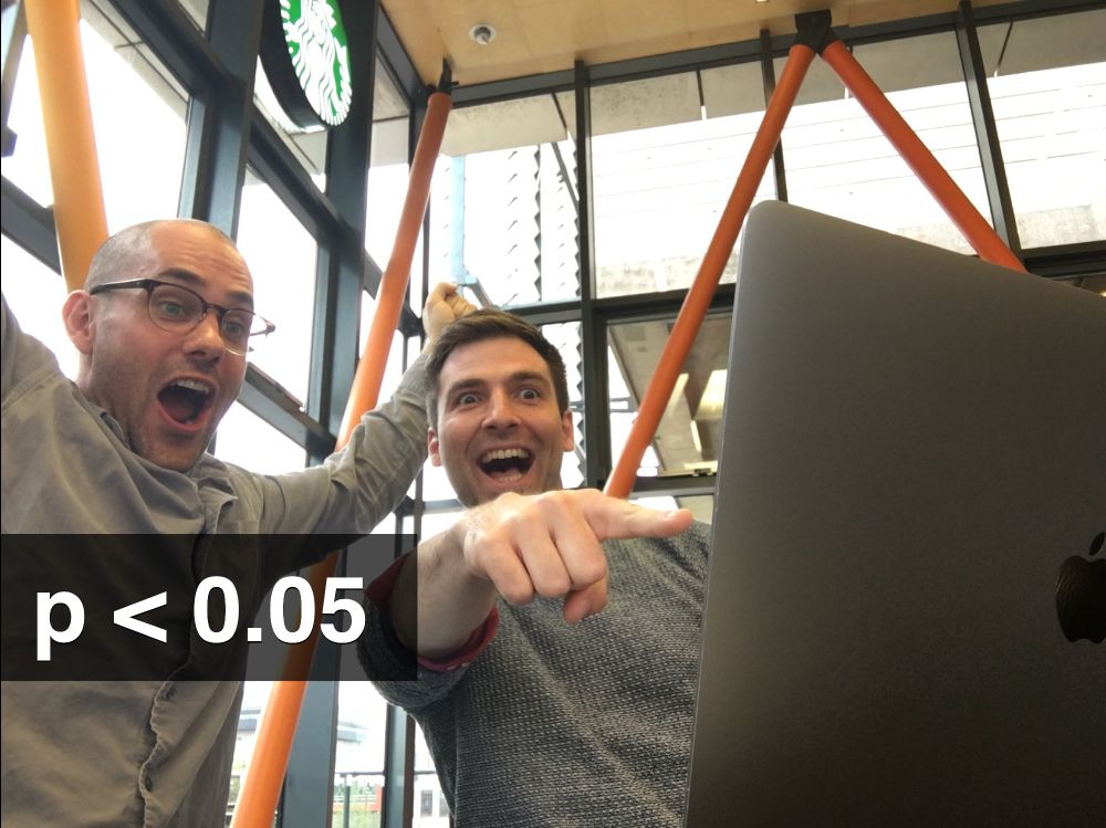 Two men laughing and being hysterically excited about something on the screen of a laptop. Text says "p<0.05"