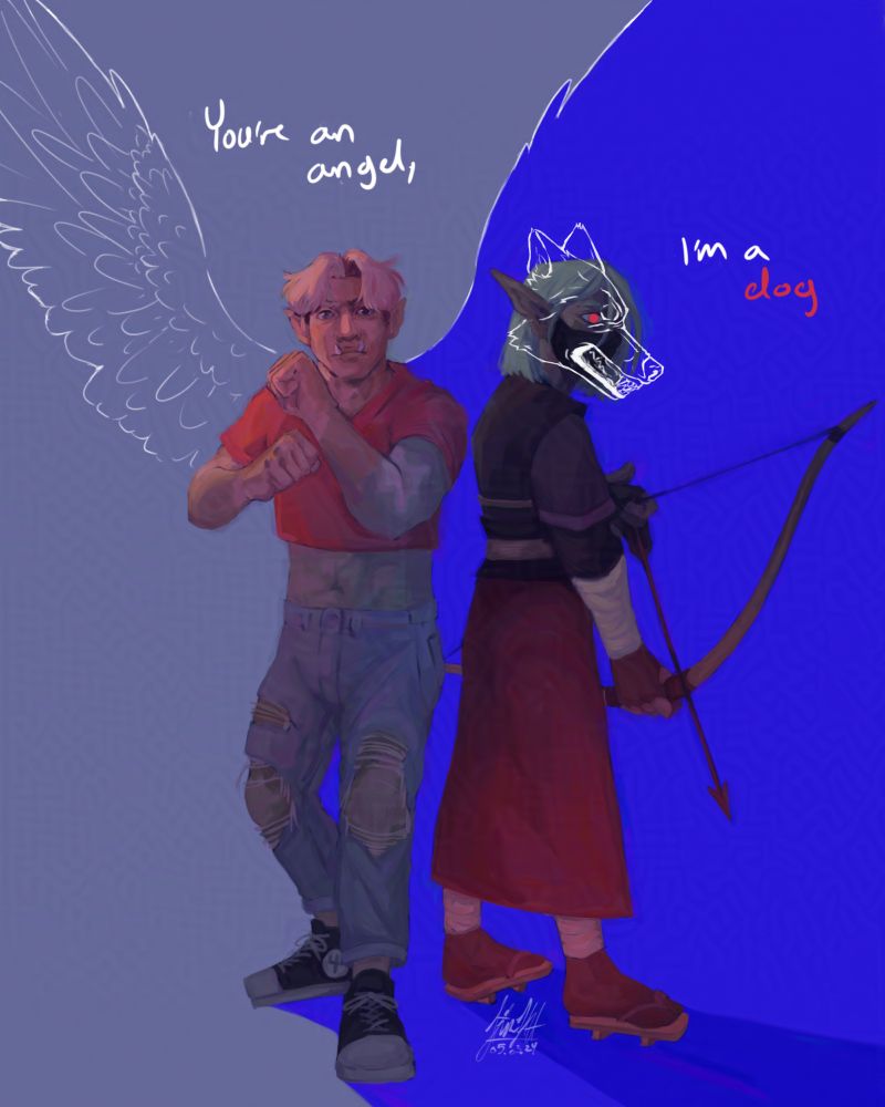 two characters in front of a two toned blue background. the first line from mitski’s i’m your man is there with a pair of angel wings and a dog head is overlayered in white. 