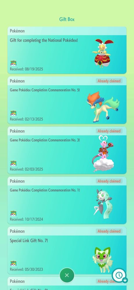 Screenshot from Pokémon Home showing the special gift Magearna at the top of the gift box unclaimed.