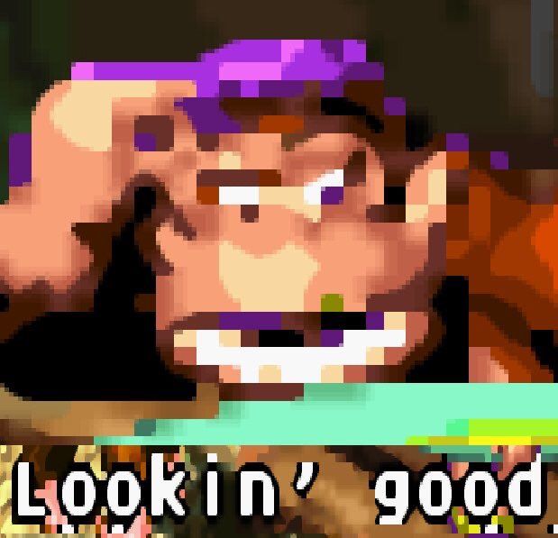 zoomed in screenshot of Funky Kong from Donkey Kong Country with a heavy amount of pixel smoothing enabled. The caption "lookin' good" is seen underneath him.