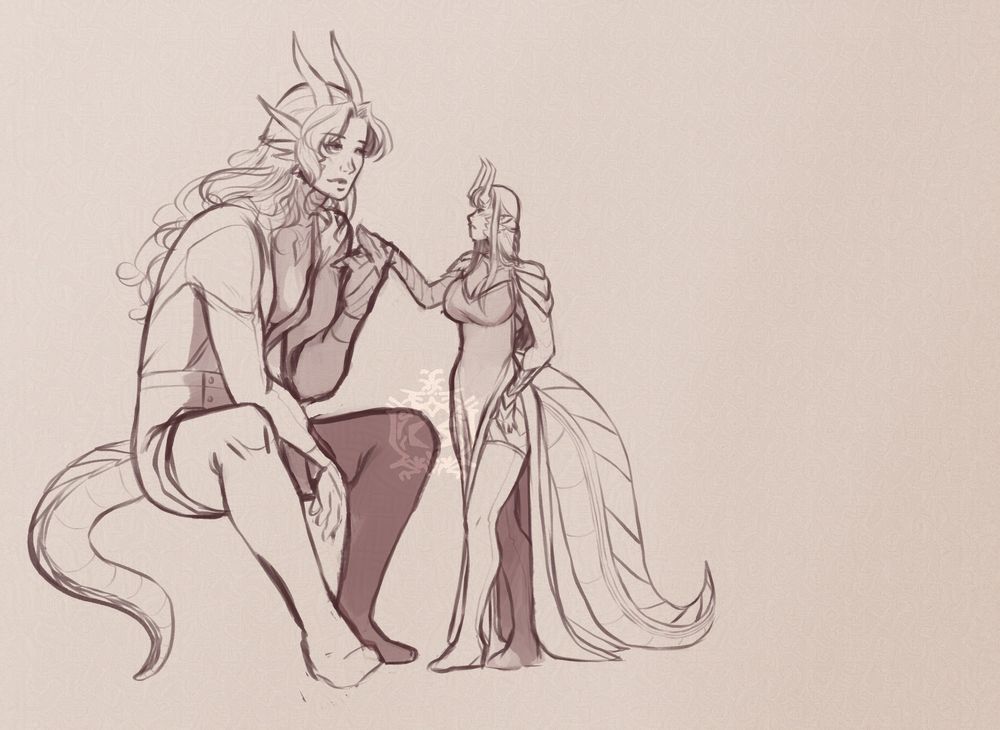 Two dragon women of differing size, the larger one holding the smaller ones hand with the smaller one only coming about to the larger woman’s chin, the karger Woman leaned forward from her seat 
One is bigger but seated, she has a thinner tail, four horns coming from the side of her head along where ears would be on a person, as well as two horns on top of her head. She is wearing high waisted pants , thigh high boots, and a loose low v cut long sleeve shirt. Her hair is long and wavy, with short wavy bangs that come to her eyes
The shorter Dragon Woman has Four smaller Horns off the side of her head, and two horns that curve sharply up from her forehead. She has a thicker, longer tail, and is wearing a long side slit dress, and thigh high boots
She is also adorned with metal arm braces, and metal shoulder pauldrons over the dress. She has long hair with two side pieces tied behind her head over the rest of her hair