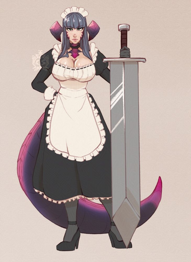 A drawing of Rei a fem face three au ra with large croc tail wearing a maid outfit and holding a large great sword. The dress is black with puffy shoulder sleeves, white frills on the shoulder, black gloves under large white cuffs, a tight fitting white blouse, and white apron. The dress is a little past the knees with white petticoat underneath, and gray tights, and black heels on.