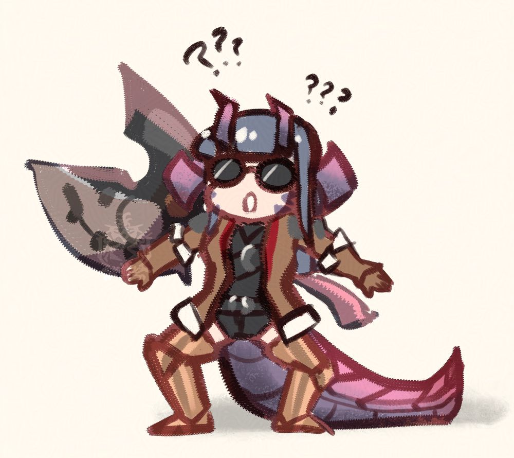 A chibi doodle of my oc Rei a fem face three au ra with large croc tail
She looks frazzled and confused with arms and legs out in a squared stance and large axe on her back