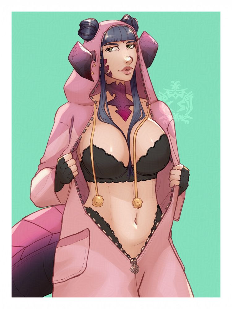 A drawing of my OC Rei a fem face three aura with large croc tail, and pink to dark purple gradient scales
She is wearing a pink kigurumi that has holes on the hood for her hair in buns and horns to poke out through. The kigurumi is unzipped and held open by her to reveal her black simple lace trimmed underwear and bra underneath 