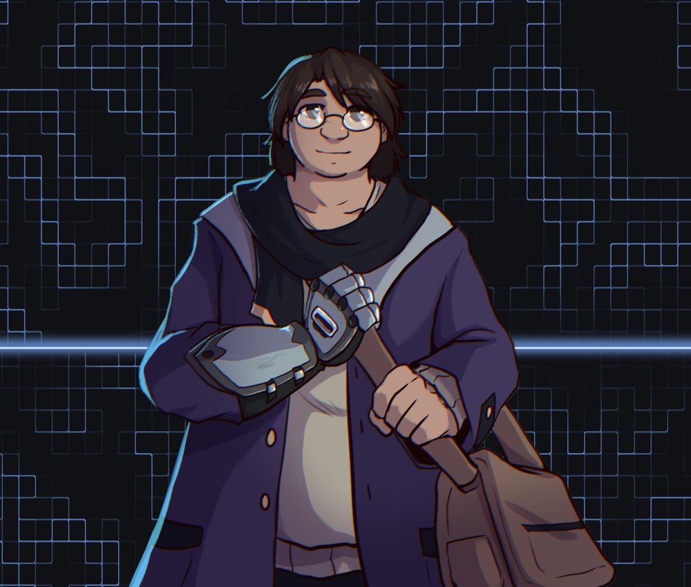 A fat young man with glasses, a purple jacket, and a bag hauled on his shoulder. 