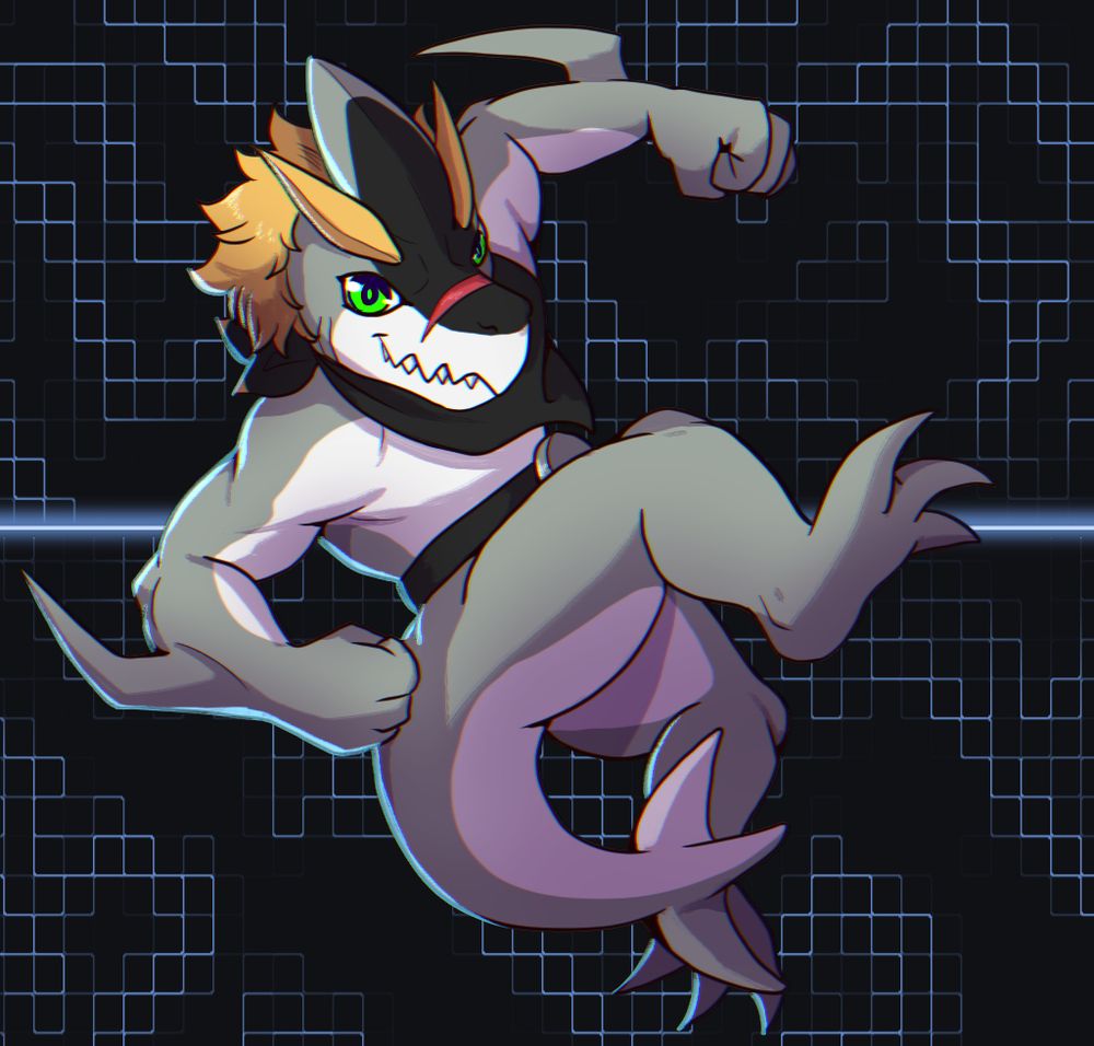 An anthropomorphic shark digimon with a cocky expression on his face, twisting his body as if to prepare an attack from midair.
