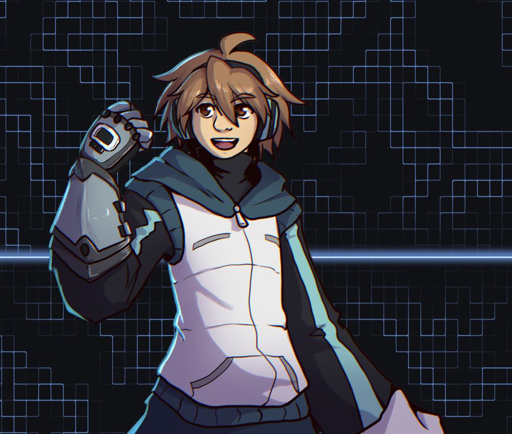 A young boy with headphones, unruly tan hair, and a white vest with a big smile on his face. He has a gauntlet in his right hand.