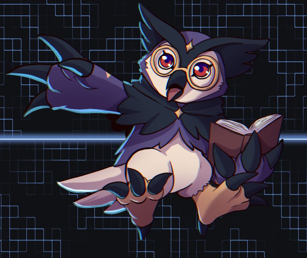 A purple owl digimon with yellow glasses, red eyes, and a book. He looks like he's casting a spell mid-flight.