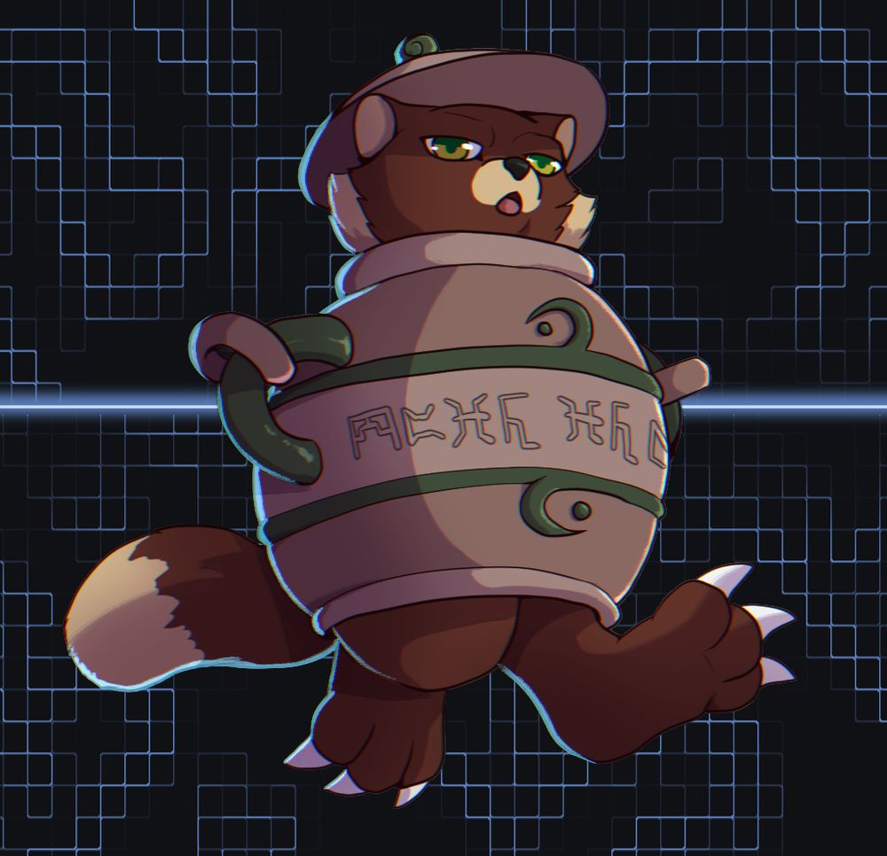 A tanuki digimon in a jar with their head, tail, and legs popping out. They have a disgruntled look on their face, and digicode is scrawled across their jar.