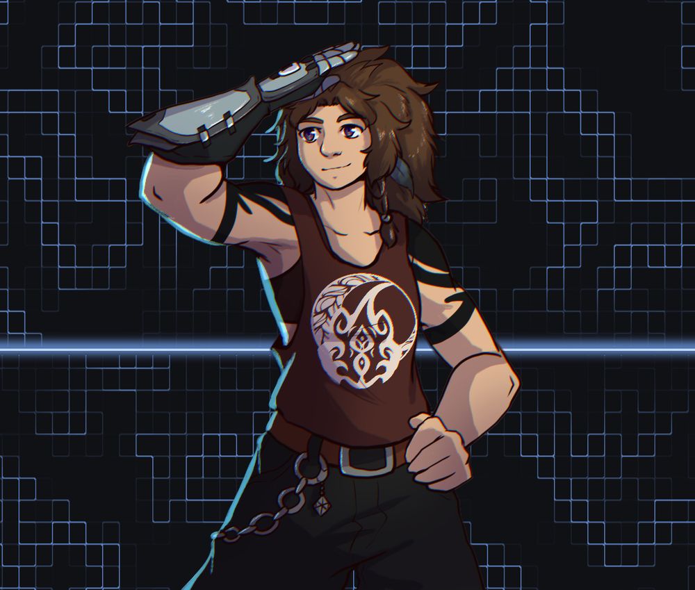 A woman with muscular arms, a red tank top with a wolf pattern on it, and bushy brown hair in a saluting-like pose and a smile on her face. She looks calm and ready to go.
