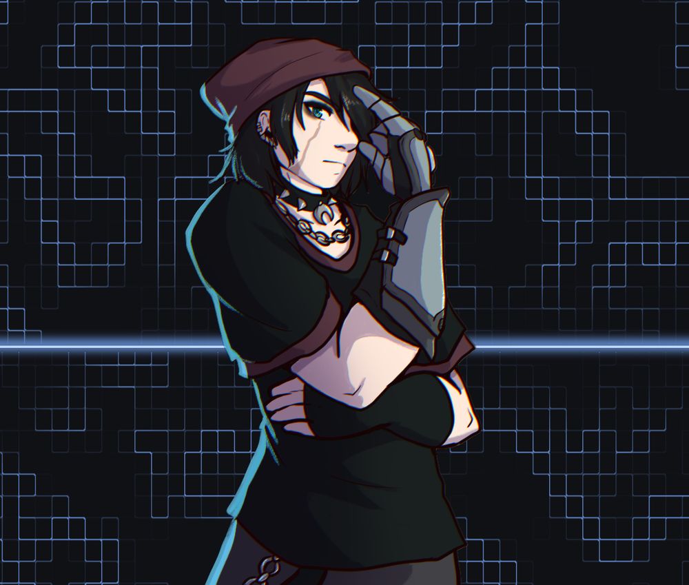 A young man in goth clothes with a long scar across his face. His expression is neutral, but his pose is dramatic.