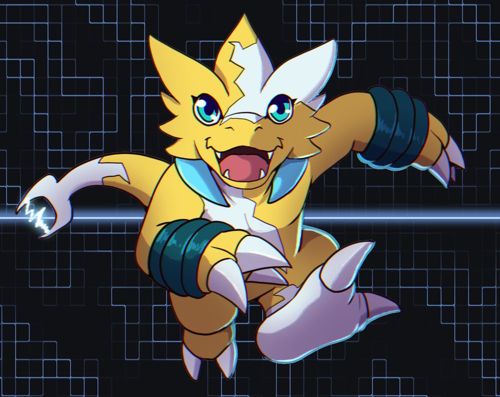A small, draconic yellow digimon with white lightning patterns on his body. He is running towards the viewer with a large smile on his face.