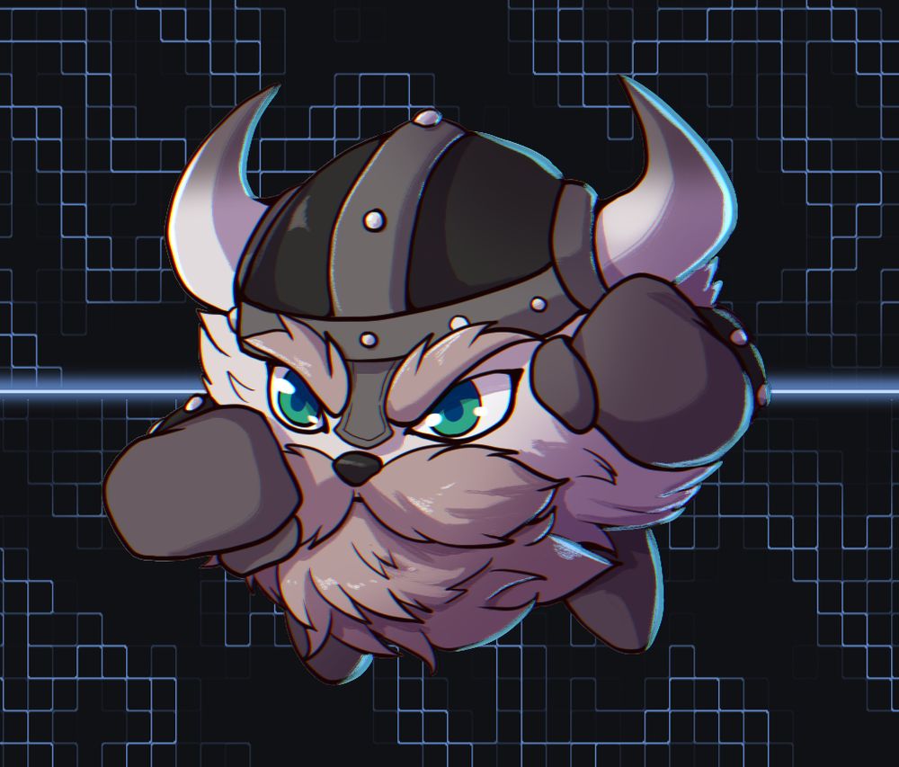 A very fluffy and rotund digimon with green eyes and stumpy arms and legs reminiscent of Kirby. He's wearing a viking helmet and is charging towards something with his fists up.