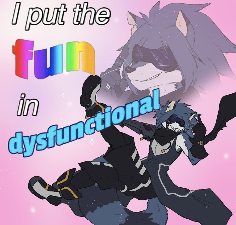 A drawing of my OC, Dusk, an anthropomorphic raccoon with a sci-fi styled outfit and a prosthetic arm. He is sticking up the middle finger while the words "I put the fun in dysfunctional" are on the image.