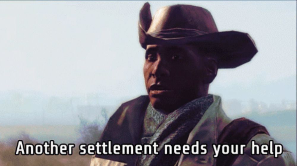 a man in a cowboy hat says " another settlement needs your help " in front of him