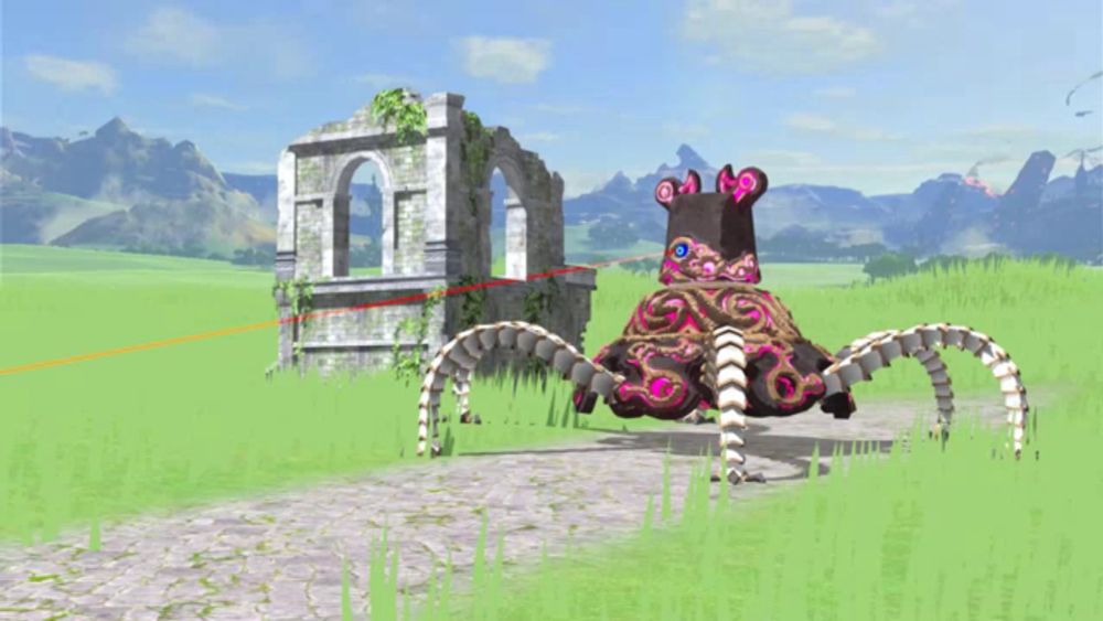 a video game monster is standing in a grassy field in front of a stone archway