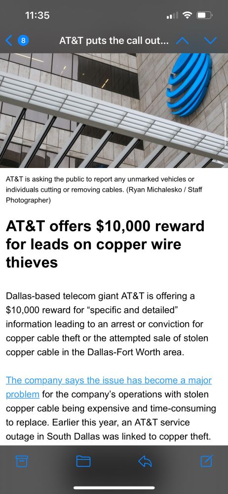 Screenshot of a story from Dallas Morning News with headline “AT&T offers $10,000 reward for leads on copper wire thieves”