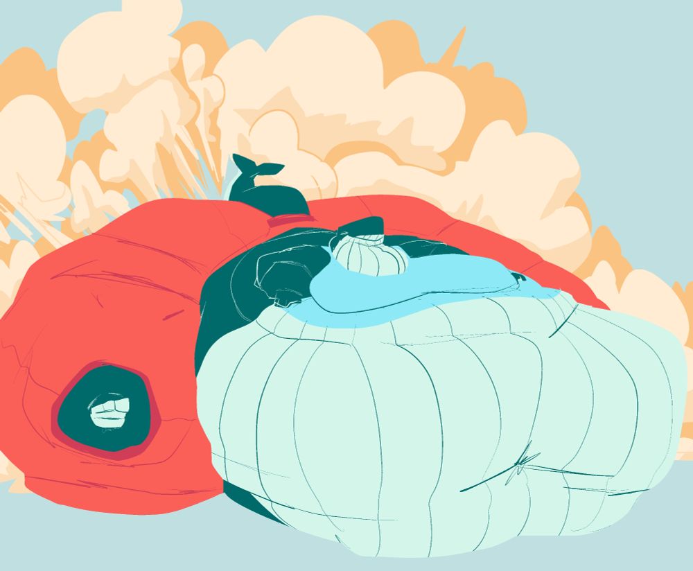 Obese blob Whale Seymour, shutting his eyes and flatulating