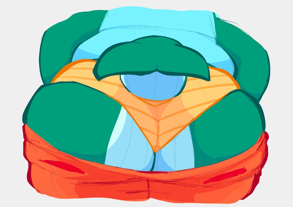Back on, colorful view of whale Seymour's huge asscheeks in underwear, pants pulled out of the way.