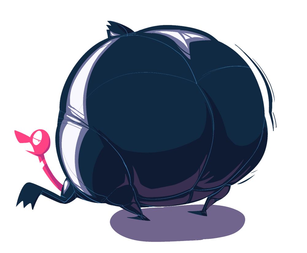 Lineless art of pink cartoon duck Ducky, in a latex suit. He has an immense monorump