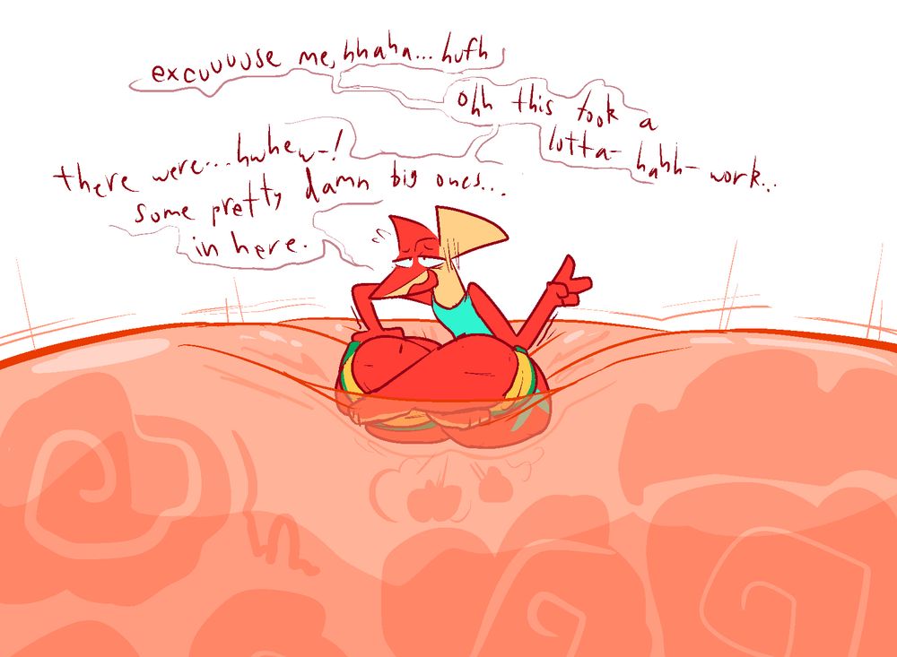 Red greninja oc Punch, sitting exhausted atop an immense, fruit punch-colored bubble of his signature flatulence. He says, tiredly,

"Excuuuuuse me, hhaha... hufh... Ohhh this took a lotta- hahh- work... there were... HWHEW-! Some pretty damn big ones... in here."