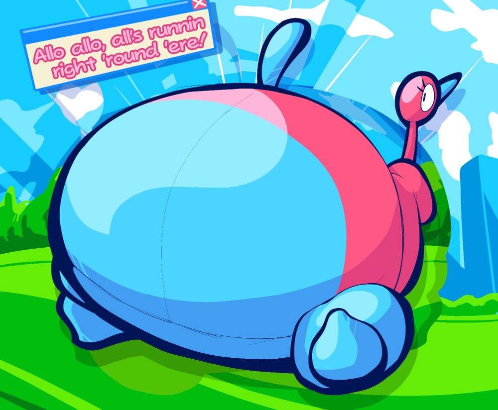 A very rotund, monorumped Porygon 2 woman on a frutiger aero esque  background.
She's saying "Allo allo, all's runnin right 'round 'ere!"