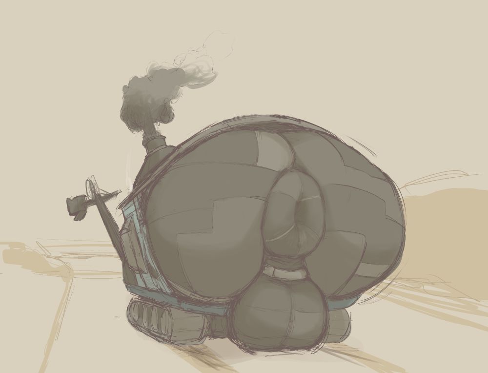 The same steamshovel, now without his modesty-ensuring tarp underwear, fully baring his ballsack, taint, and puffy, donut asshole