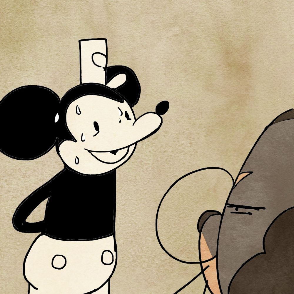 Single panel, steamboat willie is hiding something behind his back, sweating, and Lottery is looking in suspicion