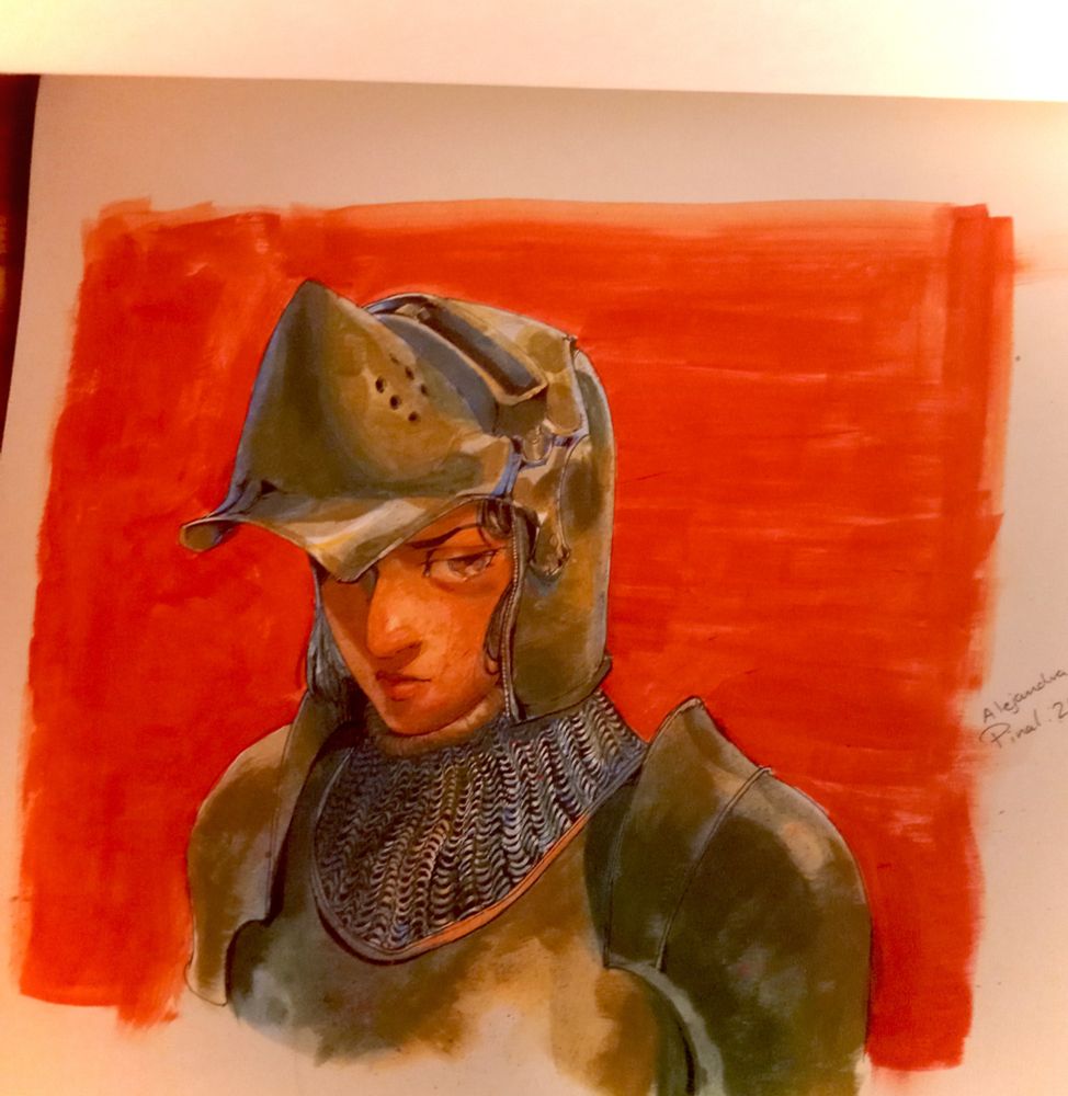 A picture of a female knight, on a red background, made in acrylics as well 