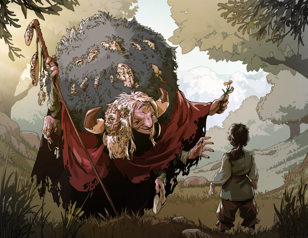 A digital painting for the role playing game "Legend in the Mist". It portrays a small child lost in the forest. A hunched figure with more hands that is strictly necessary and a series of masks merged to its back offers the child a small flower. The child stares at the gift, and not at the hands that reach out from under the cloak.
